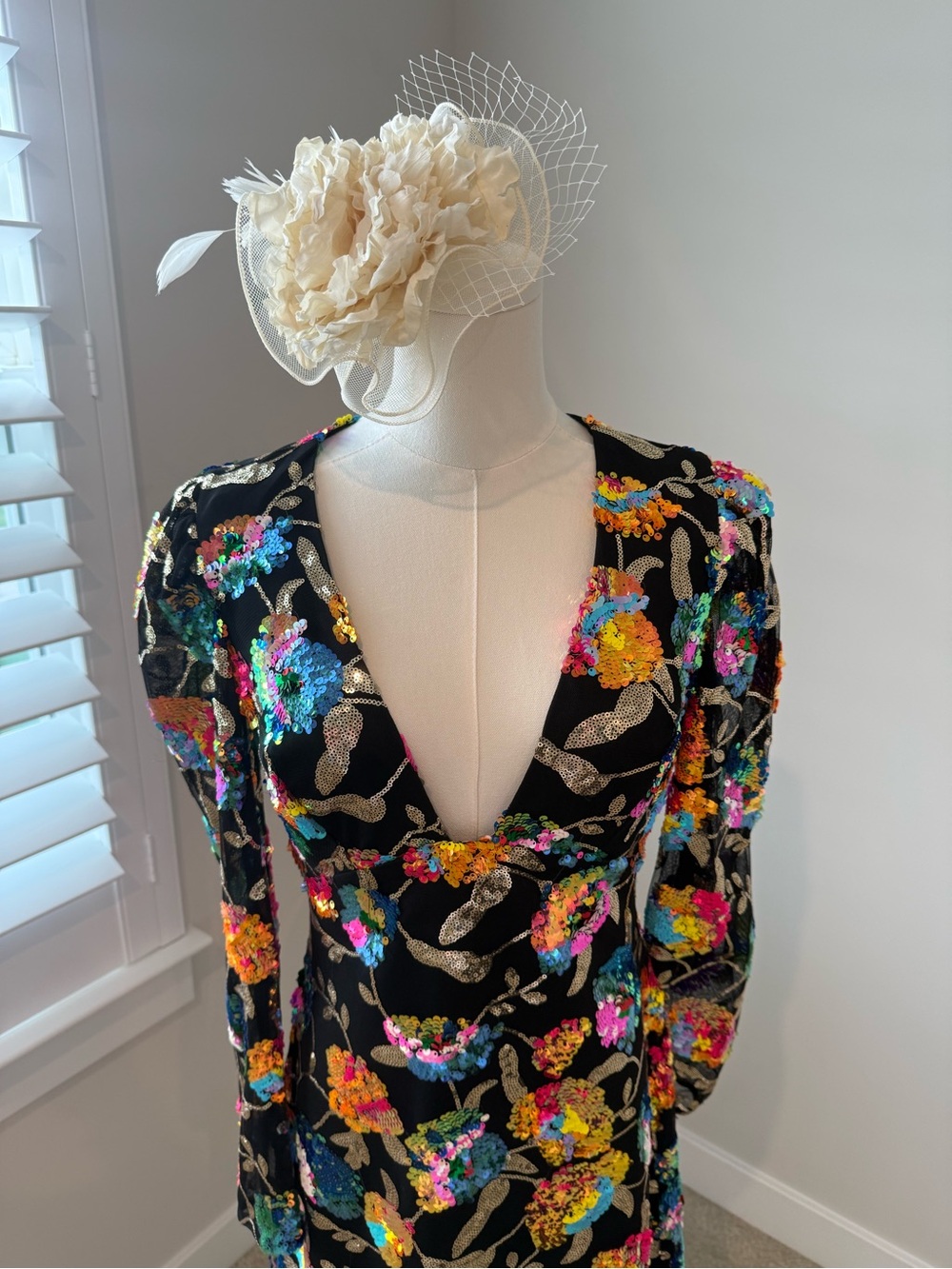 Black Sequin Floral V-Neck Long Sleeve Mini Dress - Picture 7 of 8